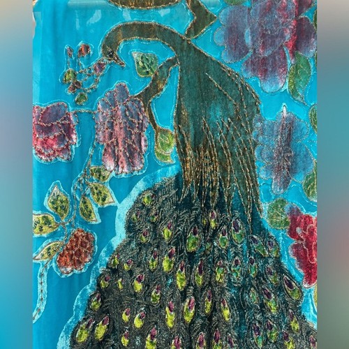 Peacock Crushed Velvet Scarf Beaded Burnout Shawl Bird Wrap Teal Blue Vintage - Picture 3 of 5