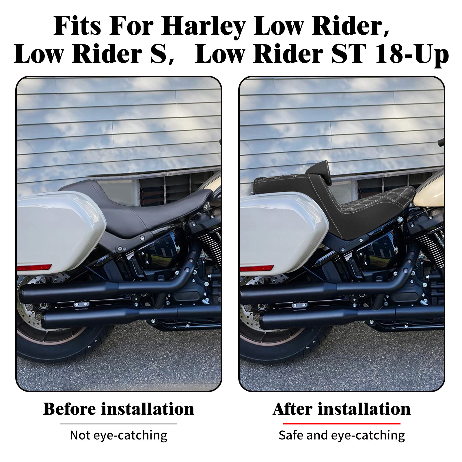 Driver Passenger Gel Seat White Line w/ Backrest For Harley 2018-2025 Low Rider