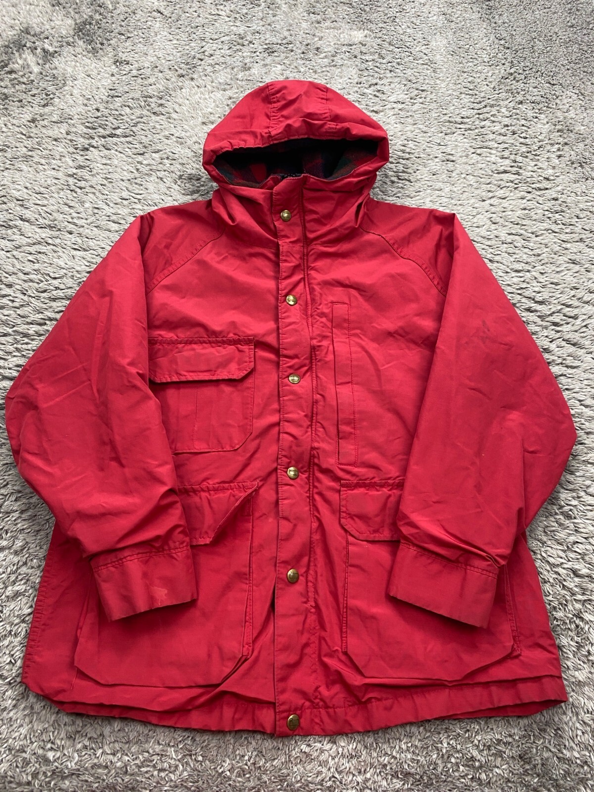 Vtg Woolrich Jacket Women Large Red Wool Blanket Lined Hooded Parka Chore Coat