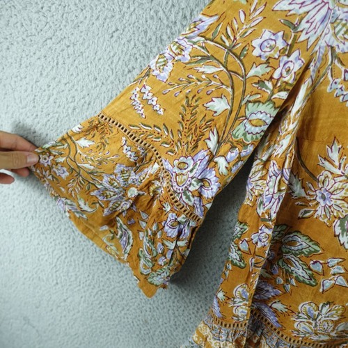 Boom Shankar Womens Top 8 Brown Floral Bell Sleeve Festival Boho Hippie Lounge - Picture 3 of 9