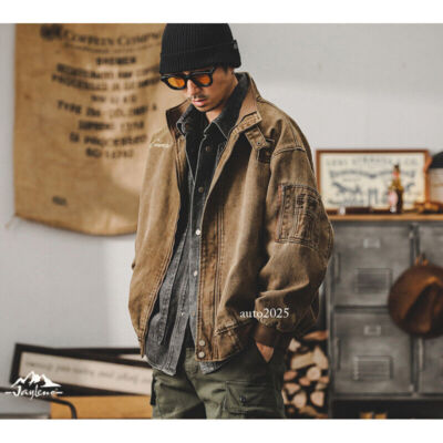 Spring Men Retro Loose Casual Jacket Lapel Long Sleeves Classic