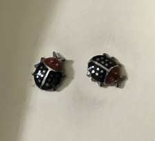 Silver Tone Red Enamel Lady Bug Small Post Stud Pierced Earrings
