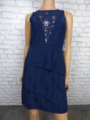 $178 Julia Jordan Navy Blue Nude Illusion Lace Peplum Sheath Dress 2 NWT  J471 | eBay