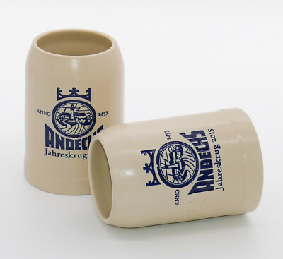 2 x Kloster Andechs Bier 2015 Jahreskrug 0,5l Henkelkrug Tonkrug Humpen  7743