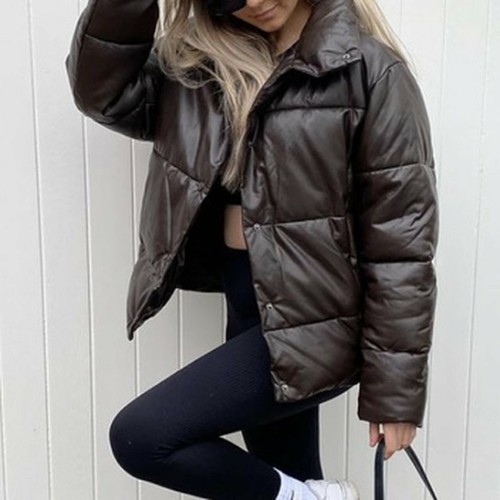 ZARA CHOCOLATE BROWN FAUX LEATHER PUFFER JACKET SIZE L - Picture 5 of 12