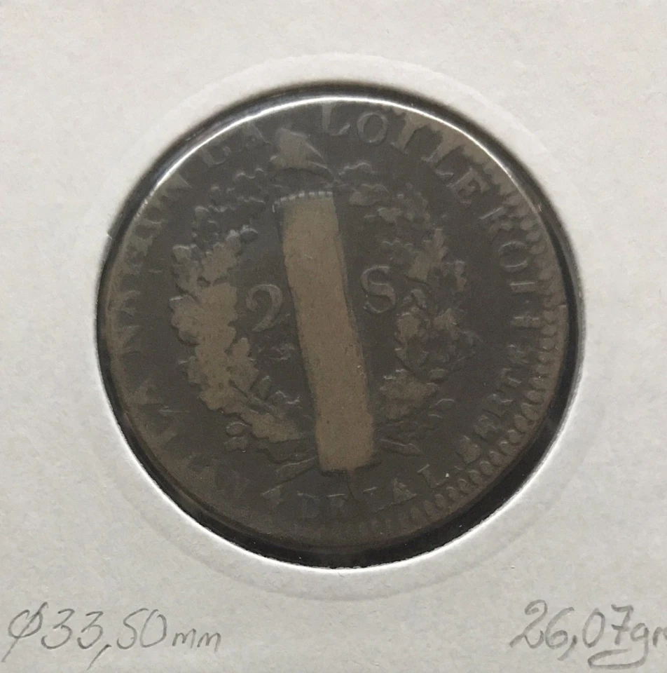 2 SOLS - FRANCOIS - LOUIS XVI - 1792W (L'AN 4) - Pièce de Monnaie en Cuivre // B - Photo 2/2