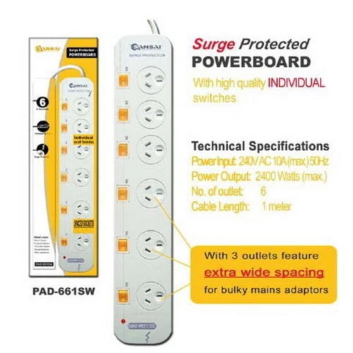 6 Way Surge Protected Power Board With Extra Space By Sansai - image 2 of 2