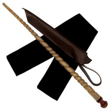 15" Hand Turned Carved Spiral Teak Wood Magic Wand Set w/ Holster Velvet Bag