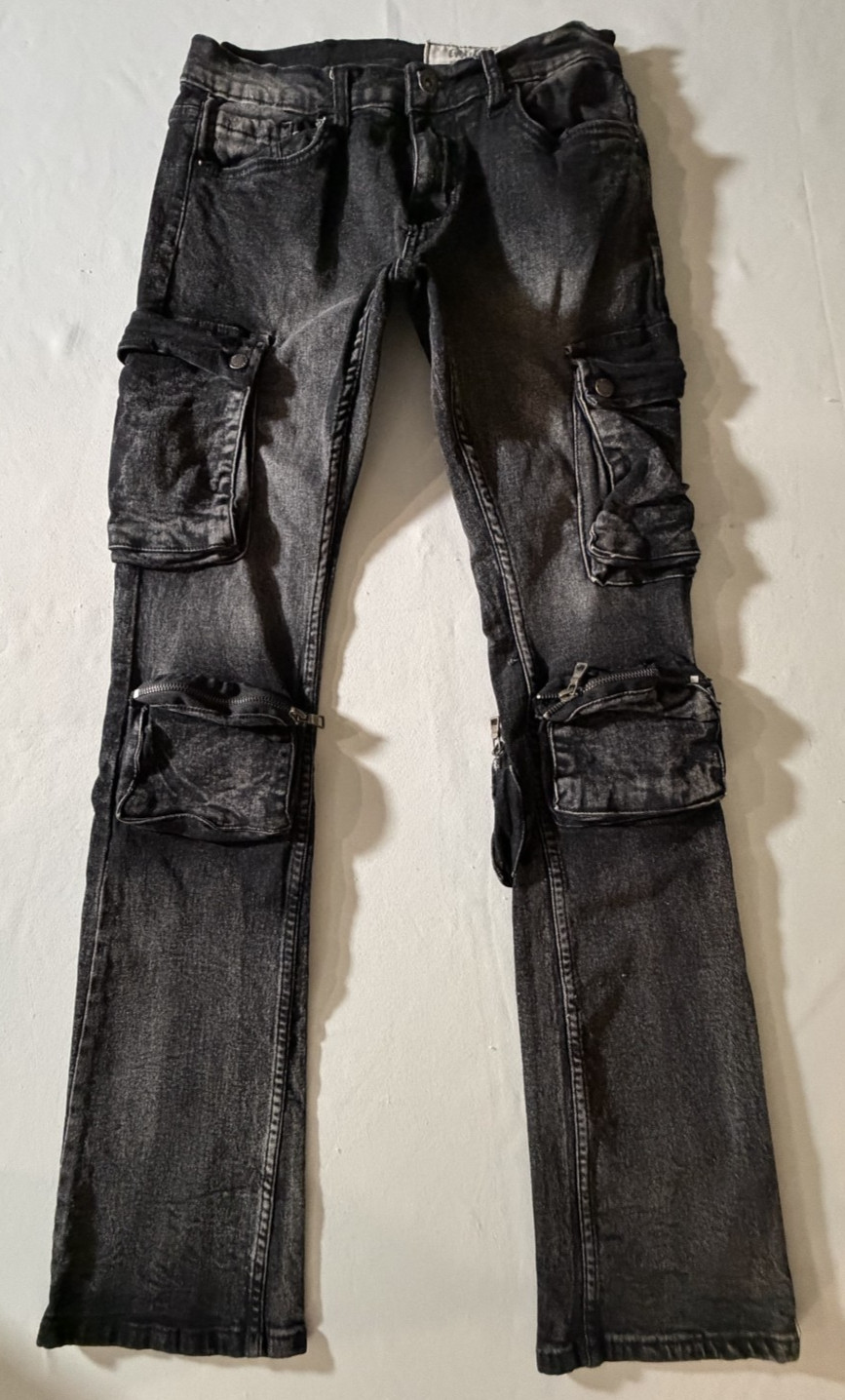 Evolution in Design Stacked Cargo Jeans teens Size 16 (fit 28x32) black grunge