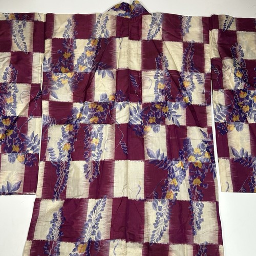 Vintage Japanese Meisen Silk Kimono Robe Checked Floral Cream Purple Lined - Picture 12 of 16