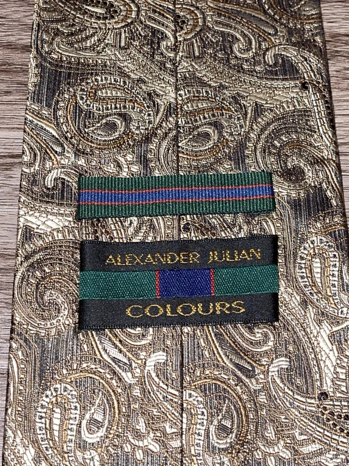 Corbata vintage Alexander Julian colores para hombre talla única marrón dorado cachemira seda años 90 Foto 4 de 4
