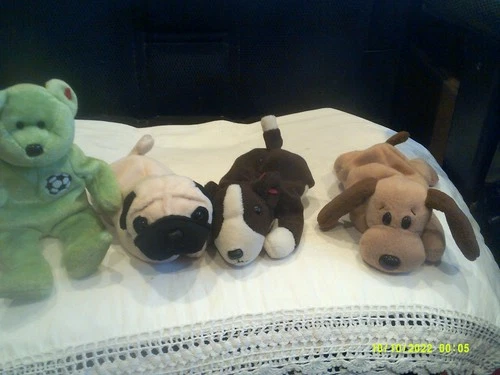 Vtg. Ty Beanie Babies-Tush Tags Only-Kicks, Bones, Bruno and Pugsly-Lot A