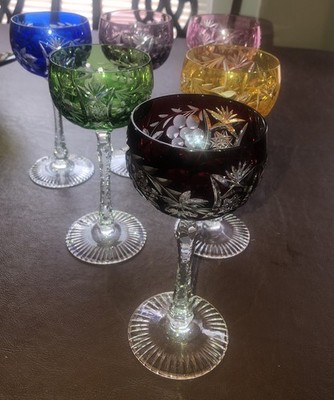 6 Bohemian Crystal Multi Colors Cut to Clear Wine Glasses 7.5 
