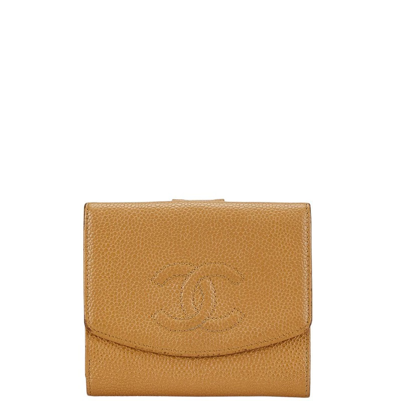 CHANEL Coco Mark Bi Fold Wallet Beige Caviar Leather Ladies Pre-Owned