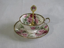 Vtg Crown England Bone China Tea Cup, Saucer and Spoon, Floral w/Gold Trim/Spoon