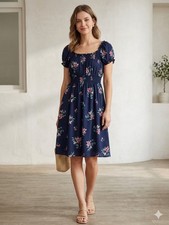Apricot Floral Dress UK 14 Navy Blue Summer Dress Shirred Waist Boho Tea Dress
