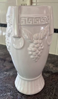 Vintage Grecian Style Urn Vase Ceramic Off-White Grapes Flowers 1970s VTG Decor