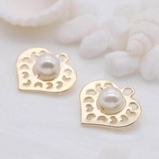 4PCS 18K Gold Plated Charm Pendant, Faux Pearl Beads Heart Charm GZX06