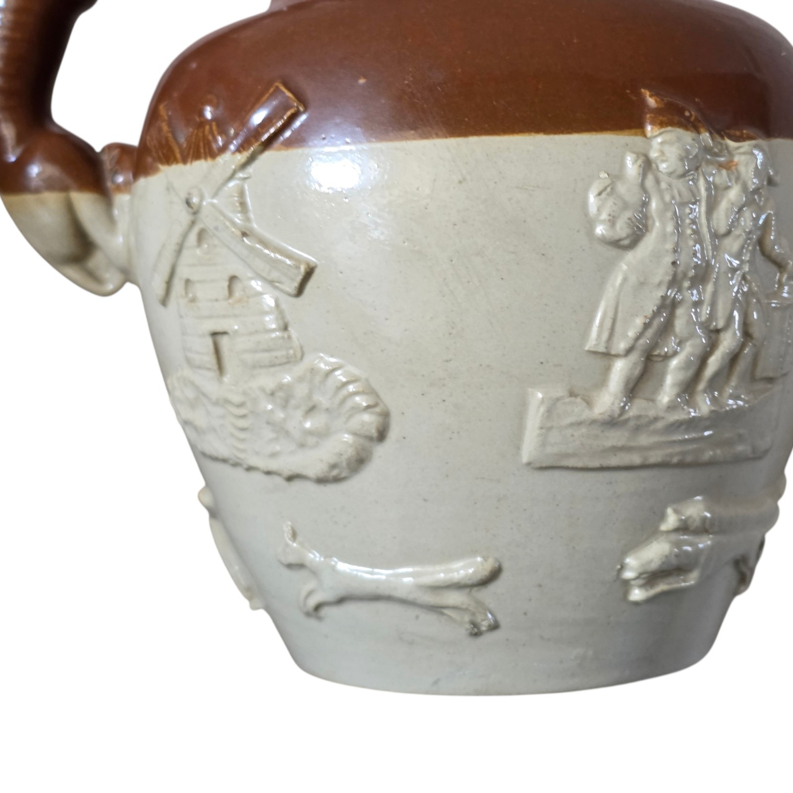 Antique J Bourne Denby Pottery English Stoneware Pitcher Jug 9.5" Dog Handle