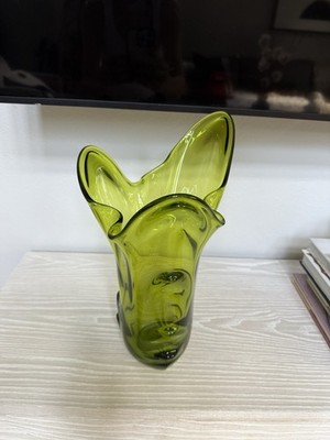 Gorgeous Green MCM Vintage Viking Ruffled Top 14 Murano Style Vase