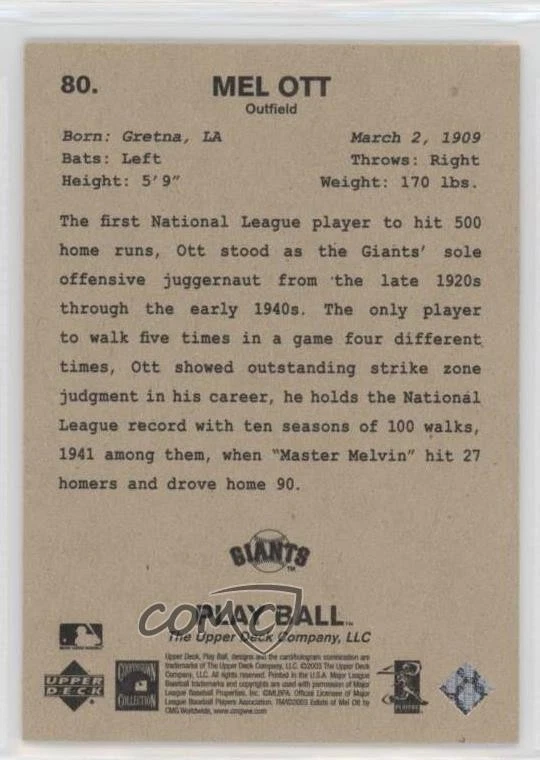 2003 Upper Deck Play Ball Mel Ott #80 HOF - Image 2 of 2