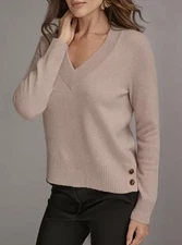 Donna Karan New York V-Neck Cashmere Sweater with Gold Button Detailing Sz M NWT