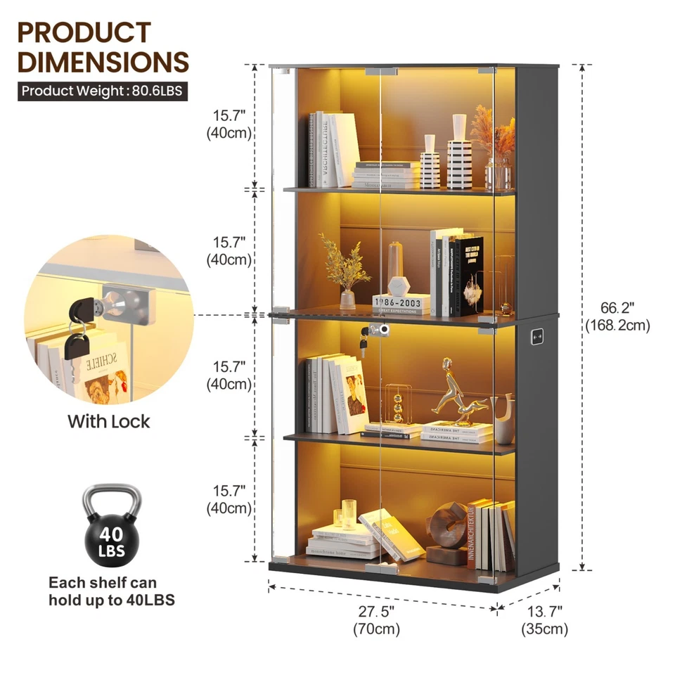 Display Cabinet with Glass Doors, 66' Curio Cabinet with Lockable and LED Lights - Image 2 of 4