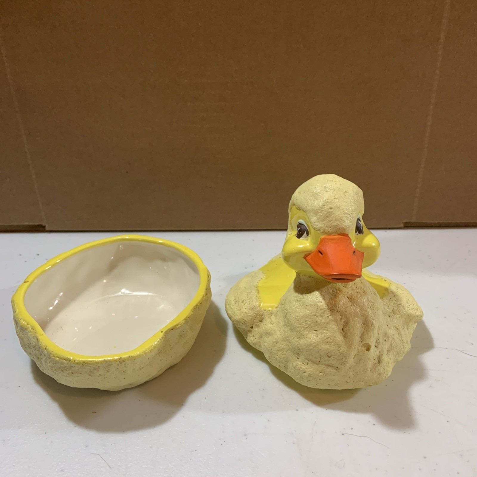 Vtg Byron Molds  5 1/2 “ Tall  Yellow Duck Trinket/ Candy Dish  (Very Adorable)