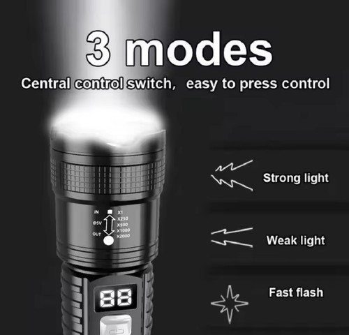 High Power LED Flashlight, USB Rechargeable, Emergency Camping Torch, Built-in B - Imagen 3 de 5