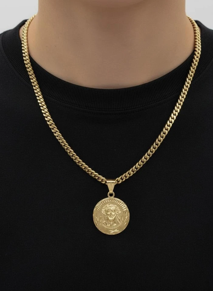 Золотое большое ожерелье с Иисусом, обочина 7 мм, позолота 14 карат, водонепроницаемое, не выцветает - Изображение 2 из 4