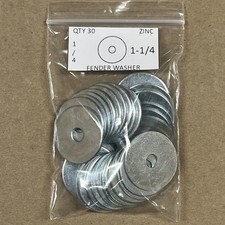 (QTY 30) 1/4" x 1-1/4" Fender Washer Zinc Plated 1-1/4" Round 1/4" Hole 2454012