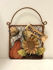 Hanging Fall Welcome Sign For Wall Or Door, Metal With Pumpkin  flower Design