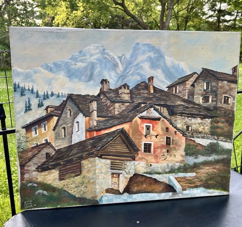 Folk Art Oil Painting Mountain Village Landscape Signed Kathy Kemp Lewis 1969 - Imagen 2 de 9