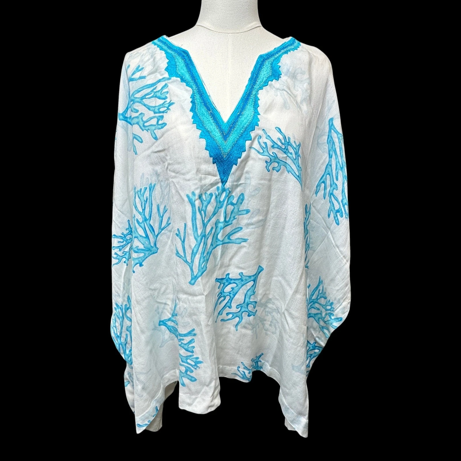 Chico's Coral Shades Poncho Womens L/XL Blue White Embroidered Coastal Beach NEW