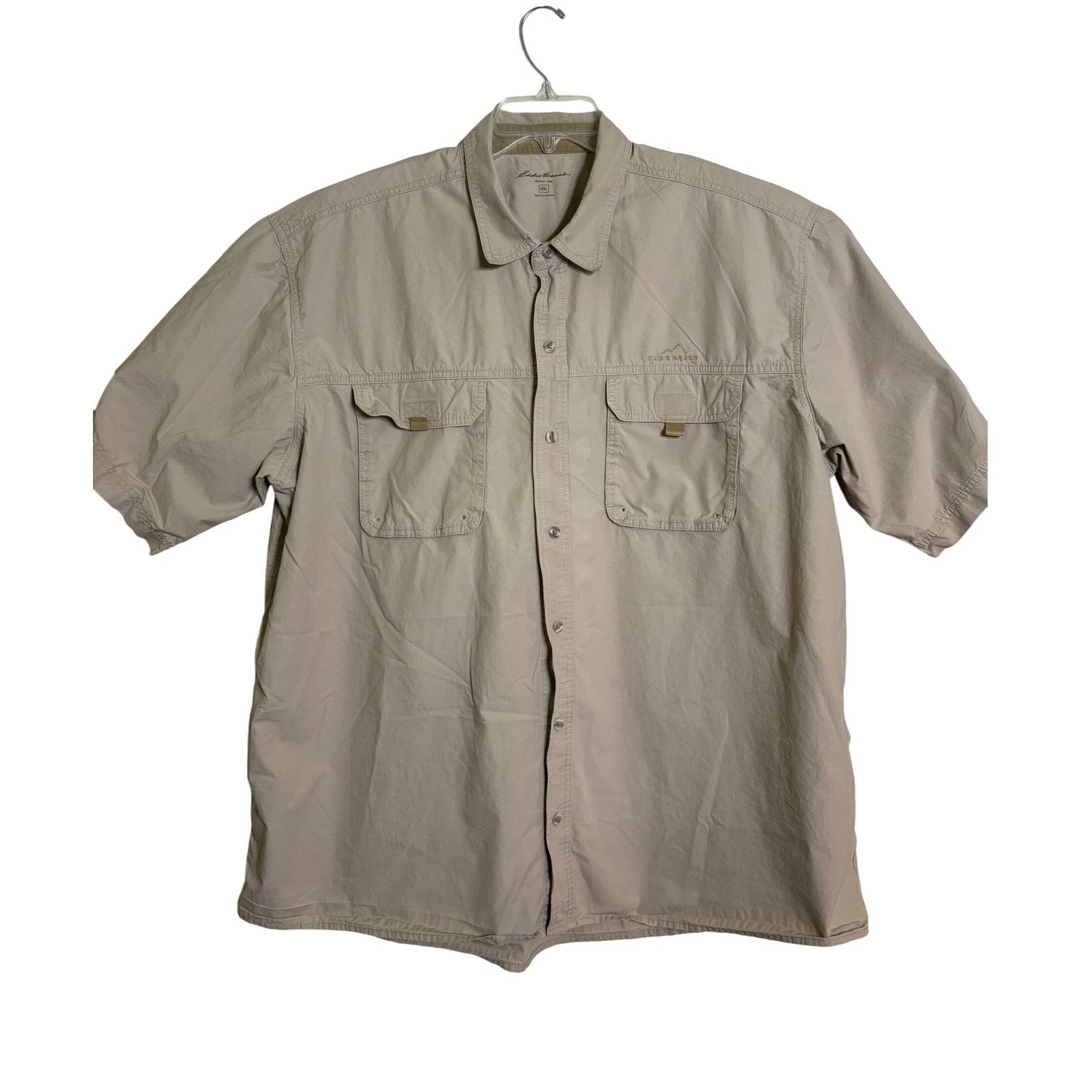 Eddie Bauer Short Sleeve Shirt Mens XXL Khaki Good Ripstop Cargo Pocket Hiking