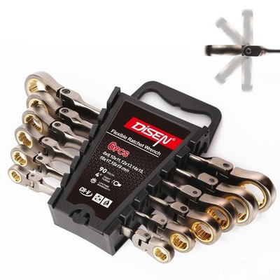 6 PCS 90 Teeth Ratcheting Wrench Set Double Box End Flex Head CRV Steel