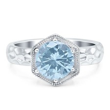 Hexagonal Shape Round Natural Aquamarine Solitaire Ring 925 Sterling Silver