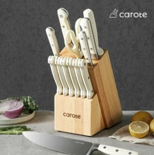 CAROTE 14 Pieces Knife Set W/ Wooden Block Stainless Steel Knives Dishwasher NEW