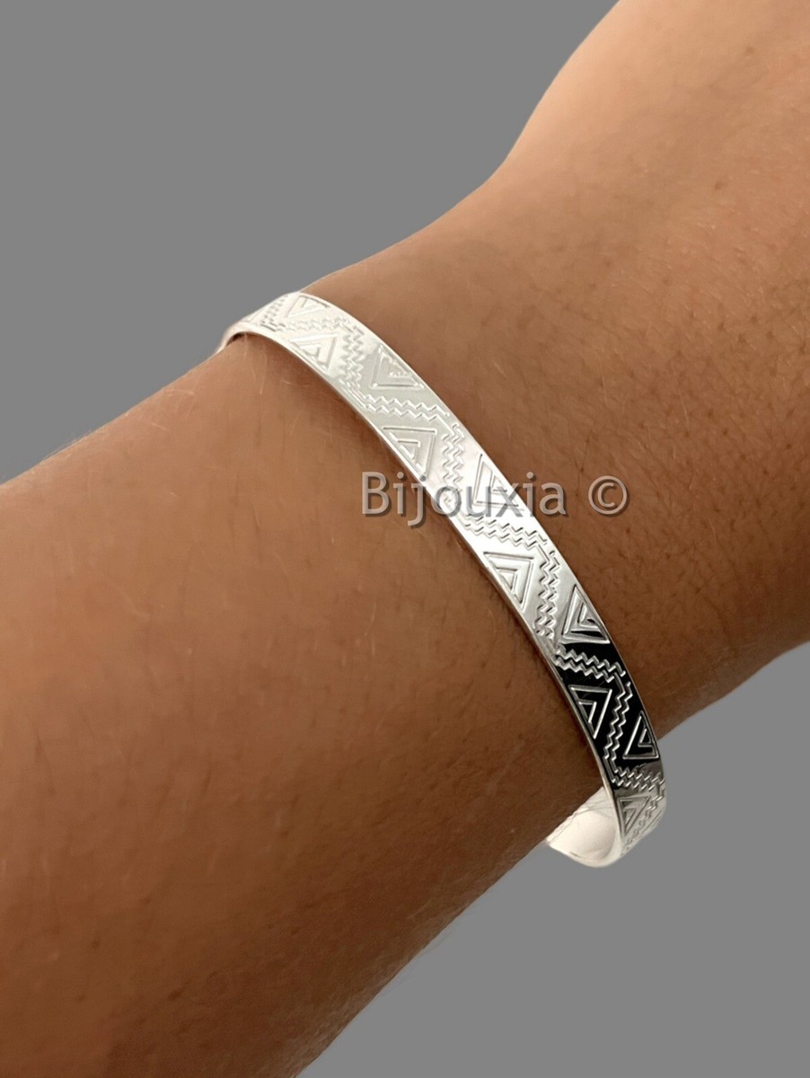 Bracelet Jonc Manchette En Argent Massif 925 Rhodié - Motifs Ciselés - Neuf Avec étiquettes Bijouxia