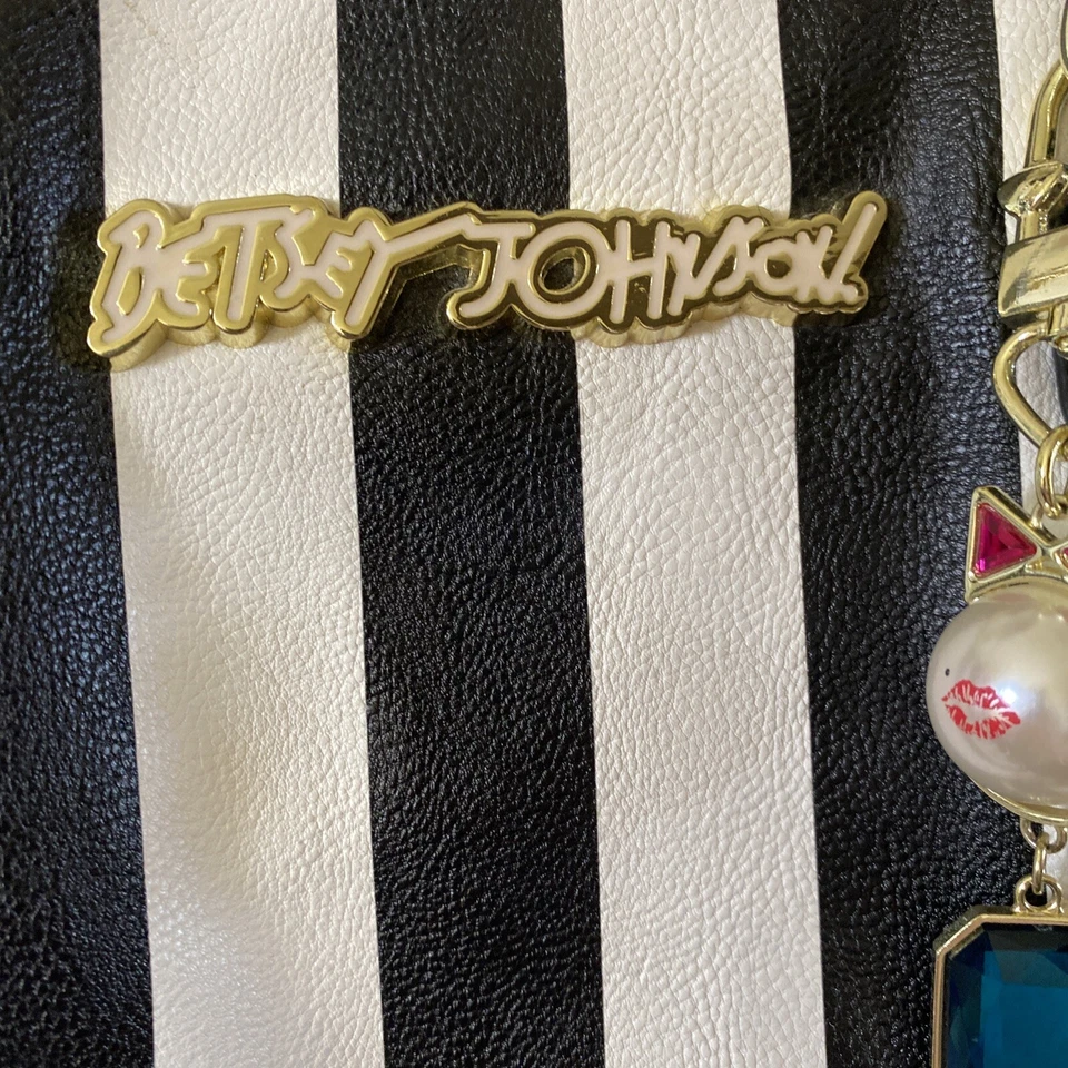 Betsey Johnson Purse Black White Floral/Rose Stripe Bag - Image 4 of 4