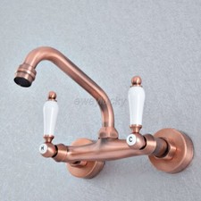 Wall Mount Red Copper Dual Handles/Holes Bathroom Basin Faucet Mixer Tap