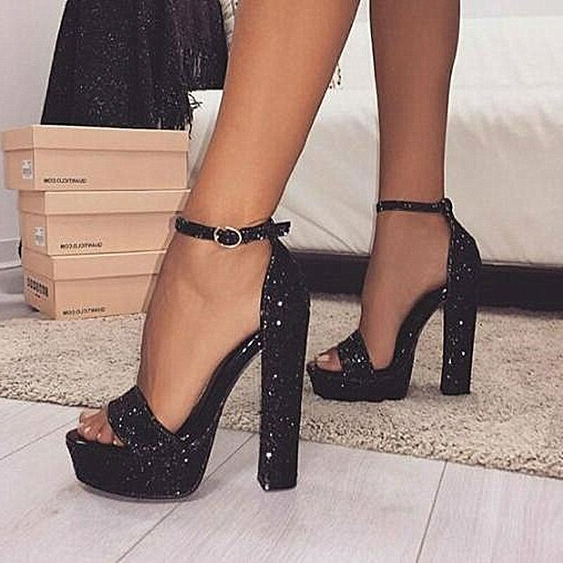 New Women's Platform High Heel Sandals Black Sequins Pumps Evening Party  Shoes