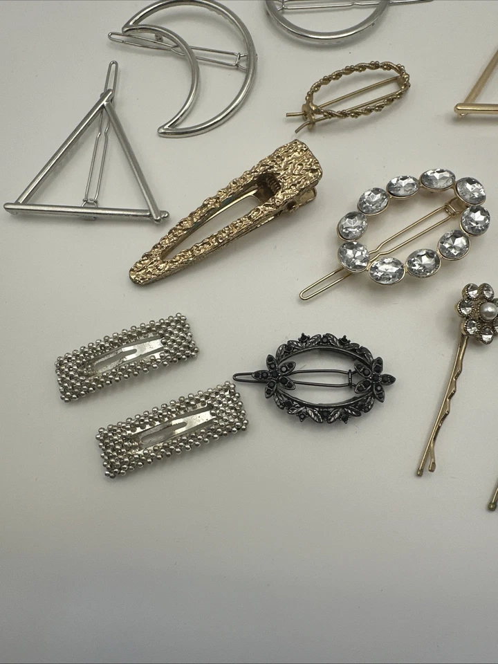 Lot Barrettes Geometric Silver & Gold Tone Rhinestone Crystal Moon Vintage - Image 2 of 4