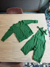 kyte baby fern green 4T cardigan and 2T overalls