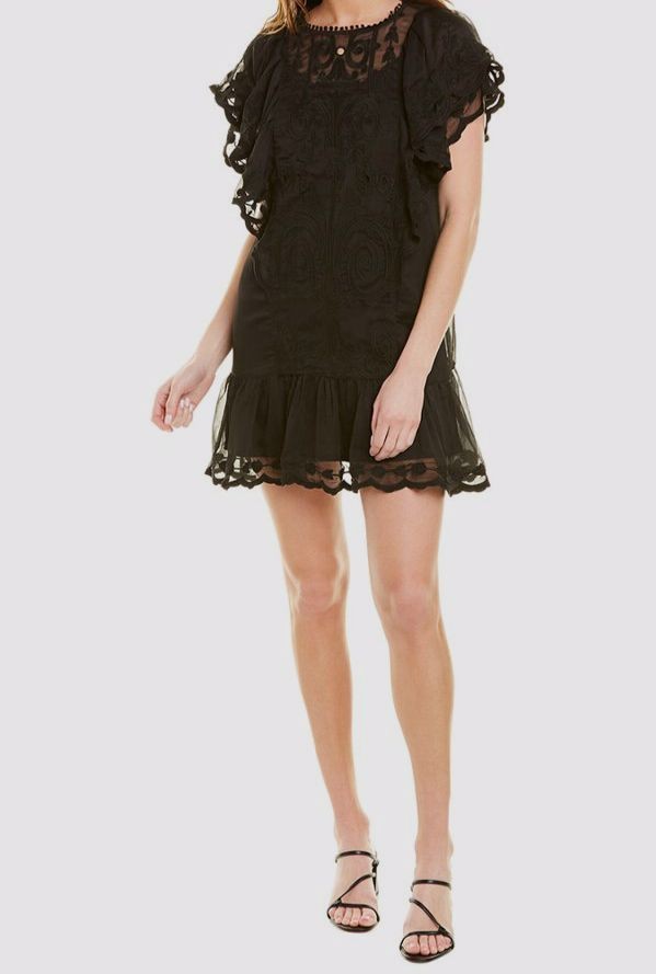 Stellah Women's Black Short Flutter Sleeve Embroidered Shift Dress Size XS