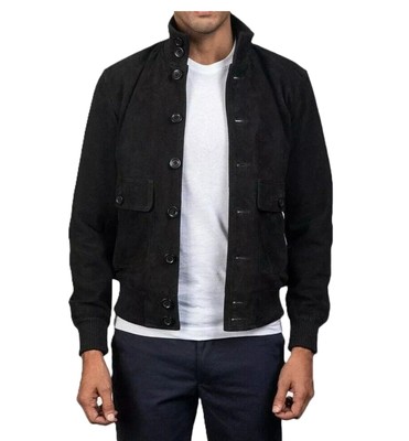 Herren Klassische Schwarze Wildleder Bomberjacke MotoBiker Echt Wildleder...