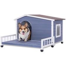 Large Wooden Dog House w Terrace Waterproof Roof Raised Floor Grey Pet Kennel