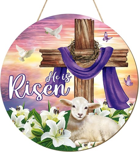 He is Risen Easter Decoration Wooden Wreaths for Front Door Sign Large, Cross