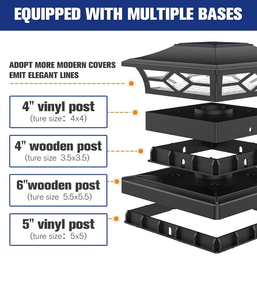  Luces de tapa de poste solar 4x4 - Luces solares de poste de cerca, paquete de 6 IP65 negro Foto 4 de 4