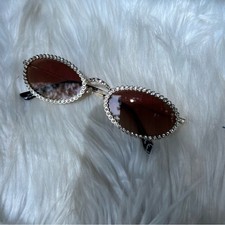 Gold and Rhinestone Frame Oval Brown Lens Sunglasses